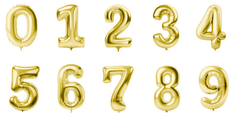 Numbers from 0 to 9 made with foil gold birthday balloons - obrazy, fototapety, plakaty