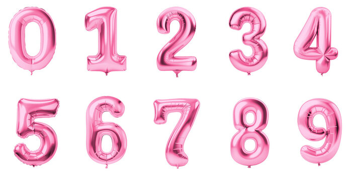 Numbers from 0 to 9 made with foil pink metalic birthday balloons