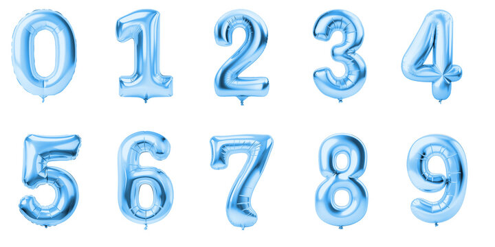 Numbers from 0 to 9 made with foil blue metalic birthday balloons