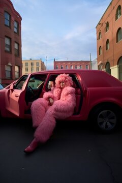 A woman in a pink fur coat rides a car in New York City.