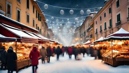 Obraz premium Shopping, winter holidays and people. Christmas market souvenir shop. Xmas street market.