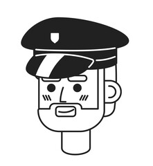 Caucasian man police officer hat black and white 2D vector avatar illustration. European policeman detective outline cartoon character face isolated. Law enforcement flat user profile image, portrait