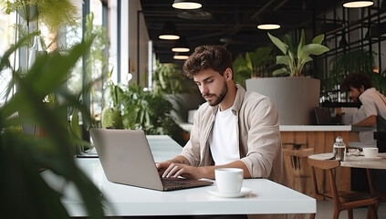 Businessman working on laptop in office background.