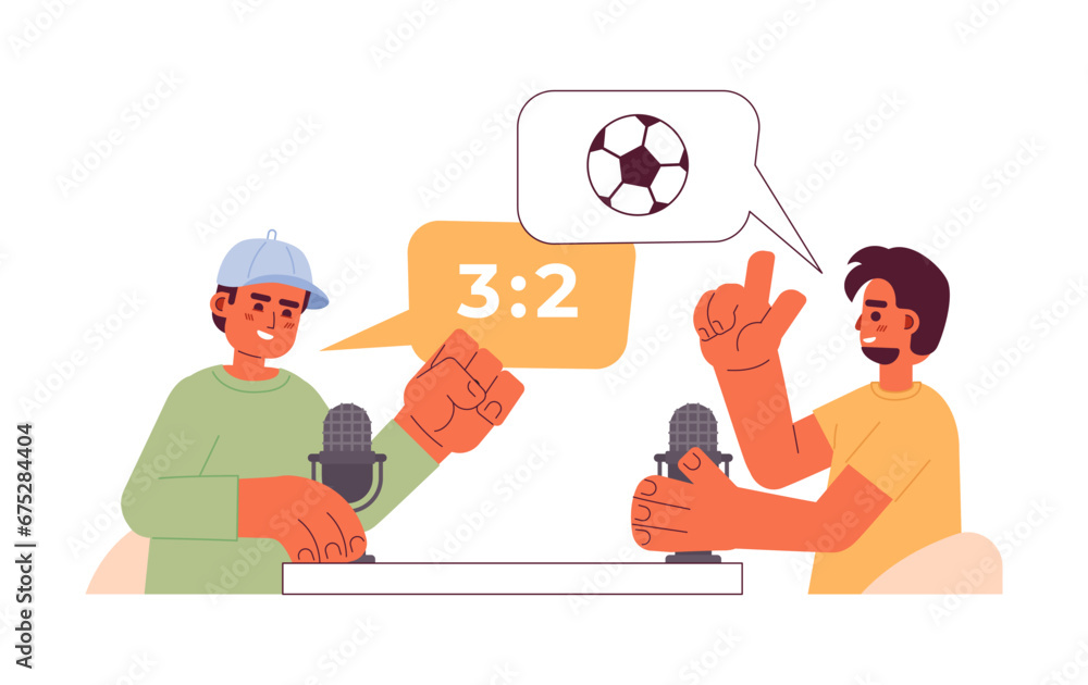 Wall mural diverse soccer fans discussing match with microphones 2d cartoon characters. podcast sports announce