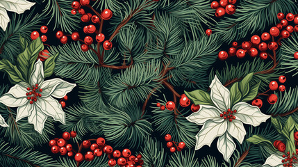 Christmas patern with sprigs of mistletoe and pine needles