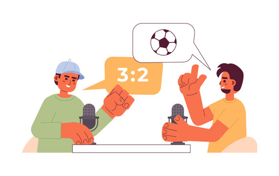 Diverse soccer fans discussing match with microphones 2D cartoon characters. Podcast sports announcers isolated vector people white background. Mic commentators color flat spot illustration