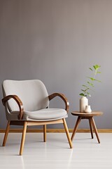 Fototapeta na wymiar minimalist living room with a stylish grey wooden chair and a trendy wooden coffee table