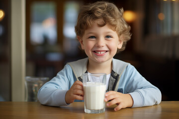 A handsome 4 year old smiling boy is sitting at the table with a glass of milk