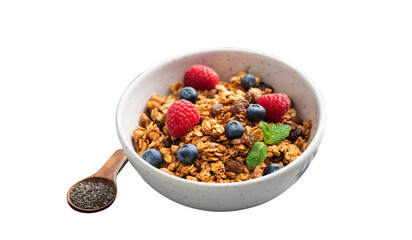 Complex cereal breakfast sprinkled with fruit on a transparent background