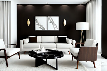 Two luxury mockups against sofa and round coffee tables. Mid-century interior design of modern living room with black wall