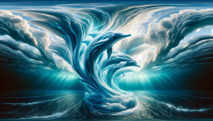 Ocean Ballet: Graceful Dolphins in Sunlit Blue Waves