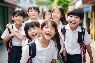 Smiling young Asian girl making selfie with her schoolchildren in classroom. Elementary school,technology, children. Cheerful group of Asian primary school students diligently studying together