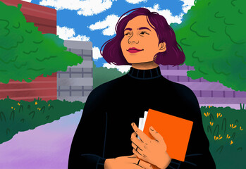 Portrait confident young female student with book on college campus
