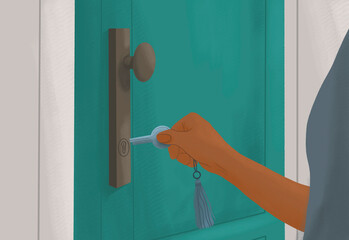 Close up hand of woman inserting key into lock at front door
