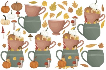 Tea cups, mushrooms, pumpkins and golden autumn leaves. Fall illustration