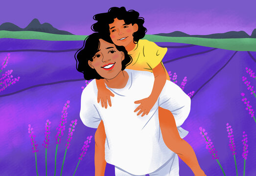 Portrait happy mother piggybacking daughter in rural lavender field
