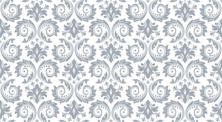 Wallpaper in the style of Baroque. Seamless vector background. White and gray floral ornament. Graphic pattern for fabric, wallpaper, packaging. Ornate Damask flower ornament.