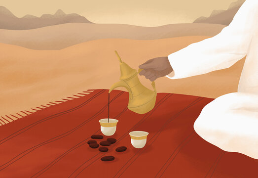 Man pouring coffee from Middle Eastern dallah coffee pot on blanket in desert

