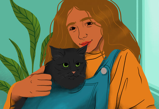 Portrait happy young woman holding cat in overalls
