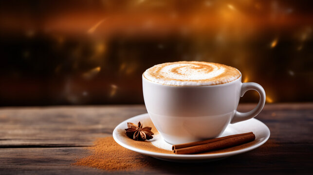 Hot coffee cappuccino mug with cinnamon powder spring