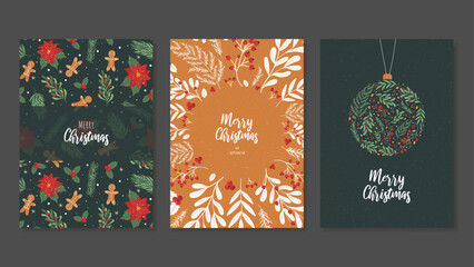 Templates For Christmas Cards With New Year Print, with gingerbread man, Christmas star, red berries, Christmas leaves and branches. Vector