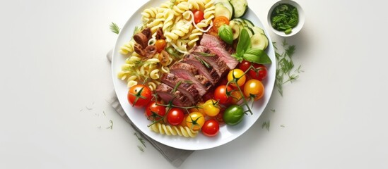 The colorful top view of the food on the white table includes a plate of red meat a glass of green vegetable pasta topped with yellow tomatoes