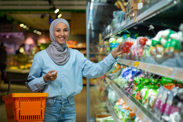 Portrait female shopper, Muslim woman in hijab smiling and looking at camera, choosing vegetables and fruits in a large supermarket store, holding a basket with goods in hands, grocery department.