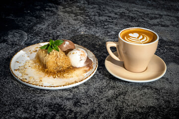 A cup of cappuccino and cake close-up. Perfect for coffee shop and dessert-themed projects.