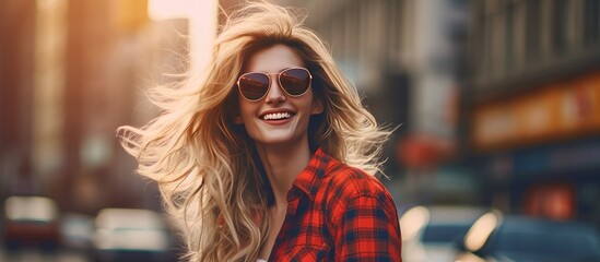 The young woman with retro style flannel shirt and sunglasses strolled down the city street her hair flowing in the wind as she traveled and soaked in the fashion of the bustling metropolis