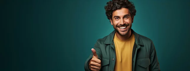 Fotobehang Young man smiling and making a positive gesture with his hand with thumbs up. Guy making like gesture with his hand dressed casually and on flat green background with copy space. Hispanic, Latino man. © Acento Creativo