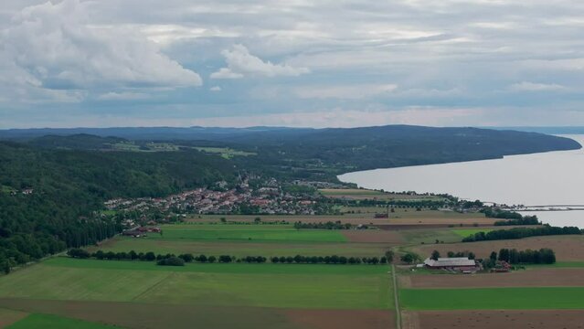 Swedish Village And Farm Fields Seen From Brahehus Castle Near Vattern, Sweden. Aerial Shot