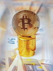 Golden bitcoin on golden basement over euro banknotes. Time to invest into crypto currency concept. Economy and financial background. Get rich theme. Alternative money. Selective focus
