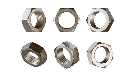 Set of metal nuts closeup isolated on transparent background. Chromed steel screw nut. png