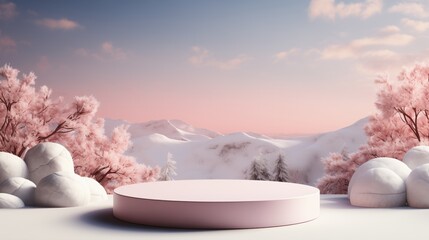 Obraz na płótnie Canvas Podium for product display with winter landscape background.