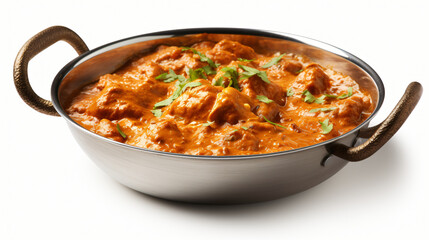 Indian butter chicken curry in Balti dish isolated on white background - obrazy, fototapety, plakaty