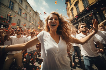 Happy people is dancing outside.