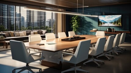 Modern conference room with flat screen tv, Long table, Contemporary chair - obrazy, fototapety, plakaty