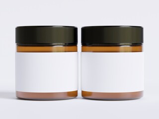 Amber Glass Cosmetic Jar with a realistic texture blank Label white color rendering 3D software illustration, brown jar color and black cap