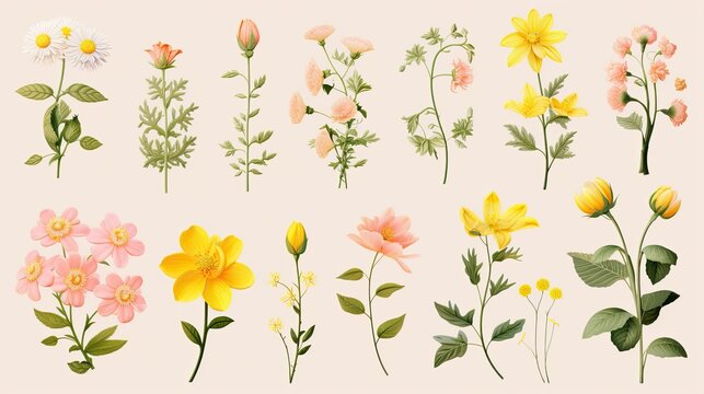 Collection of Vintage Retro Cute Flowers on Pastel Background