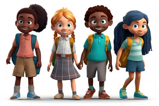 Cartoon mit vier multiethnische fröhliche Kinder