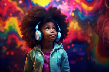 Portrait of little African American boy wearing headphones listening to music on gray background