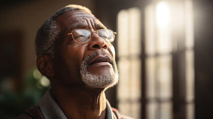 Close up portrait of mature african american man with eyeglasses with closed eyes at home.