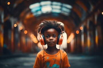 Portrait of little African American boy wearing headphones listening to music on gray background