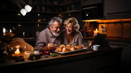 Happy senior couple eating croissant in the kitchen at home.
