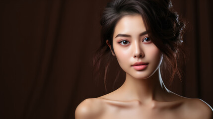 Naklejka premium Portrait of beautiful young naked asian woman with makeup and hairstyle. Natural beauty posing shirtless, attractive japanese female.