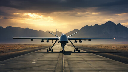 War drone on runway in take off.