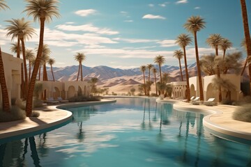 A desert oasis with palm trees and a tranquil pool reflecting the surrounding sand dunes. - obrazy, fototapety, plakaty