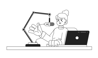 Fototapeta na wymiar Caucasian woman talking microphone stand laptop black and white 2D cartoon character. Radio show host young adult female isolated vector outline person. Influencer monochromatic flat spot illustration