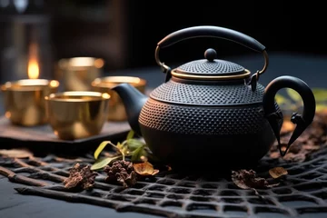 Foto op Aluminium Black cast iron teapot, Hot tea in Asian iron teapot. © visoot