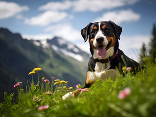 Entlebucher Mountain Dog in Swiss Alpine Meadow, wildlife, Generative AI